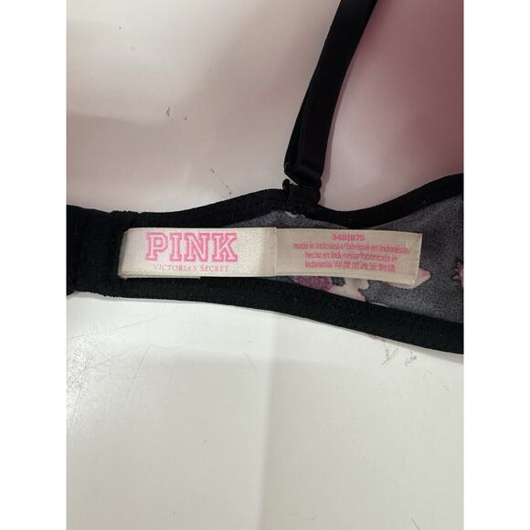 PINK Womens Bra 34B Black Floral Logo Wear Everywhere T-Shirt Lightly Lined - Picture 3 of 10